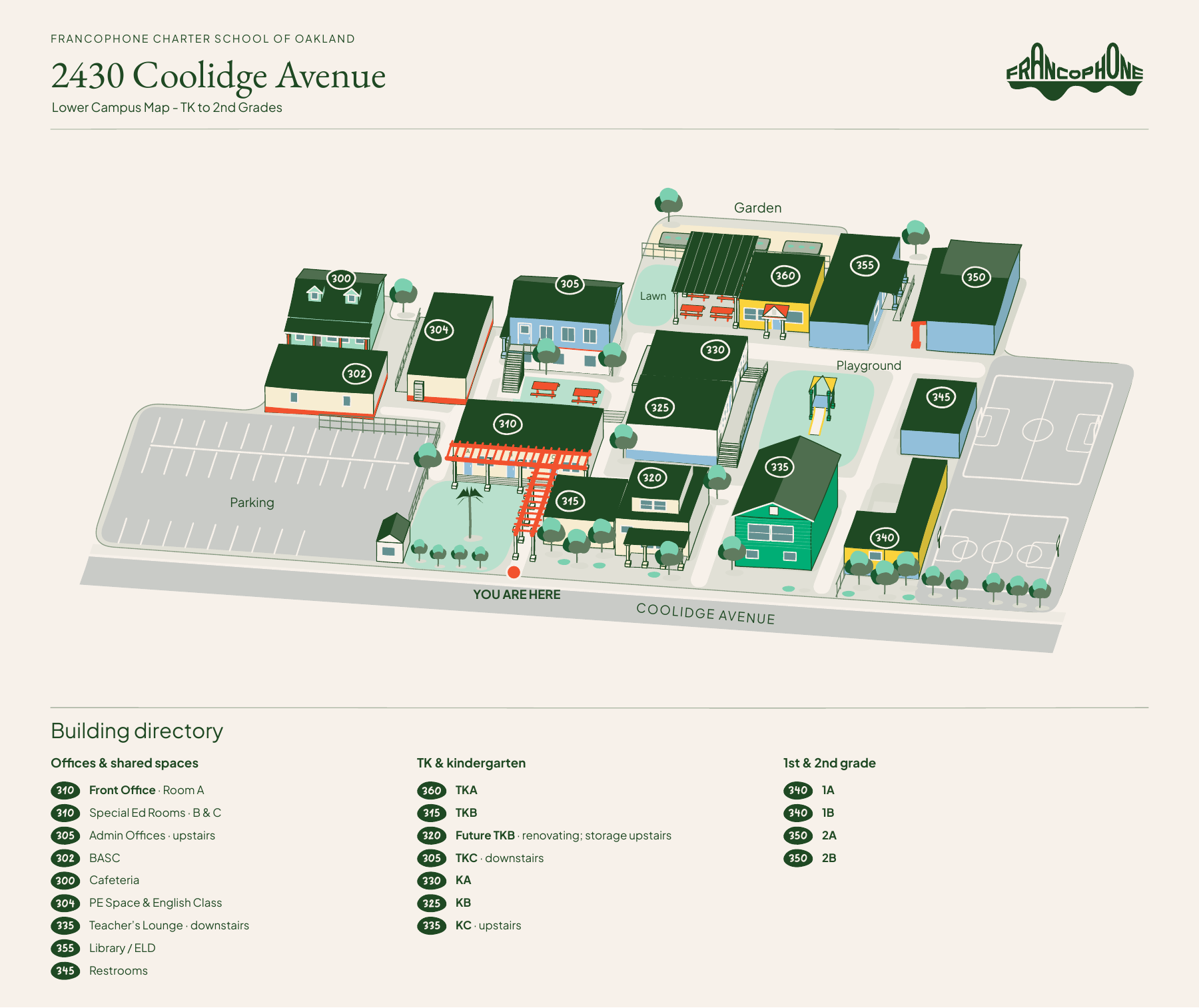 Lower campus at 2430 Coolidge Avenue: buildings, classrooms and entrance for TK to second grade